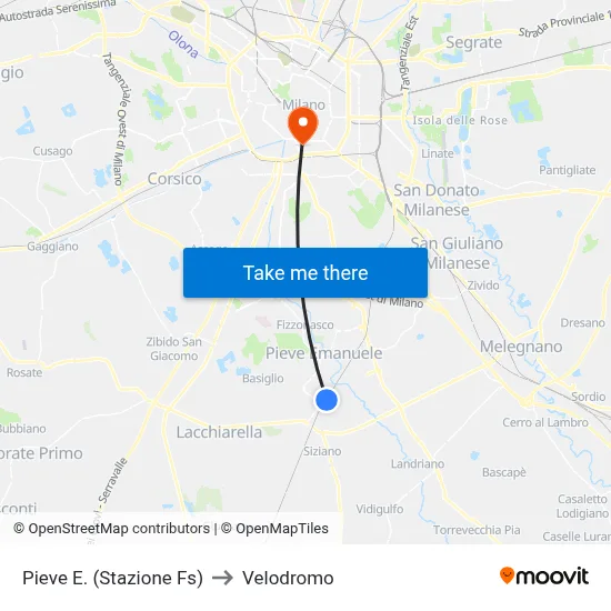 Pieve Emanuele (Railway Station) to Velodrome map
