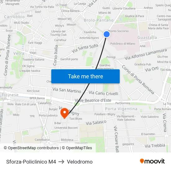 Sforza-Policlinico M4 to Velodrome map