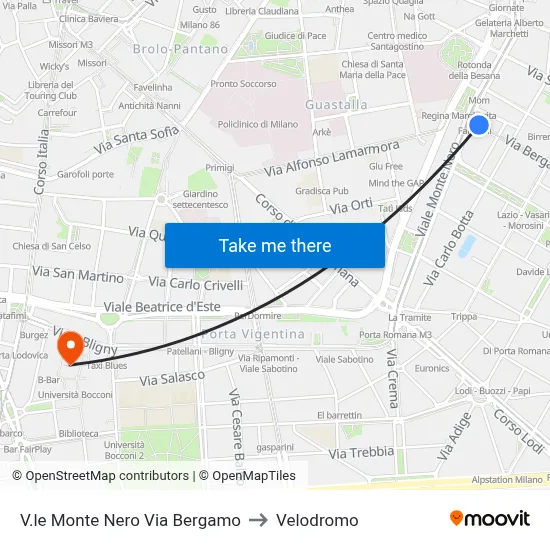Monte Nero Avenue Via Bergamo to Velodrome map