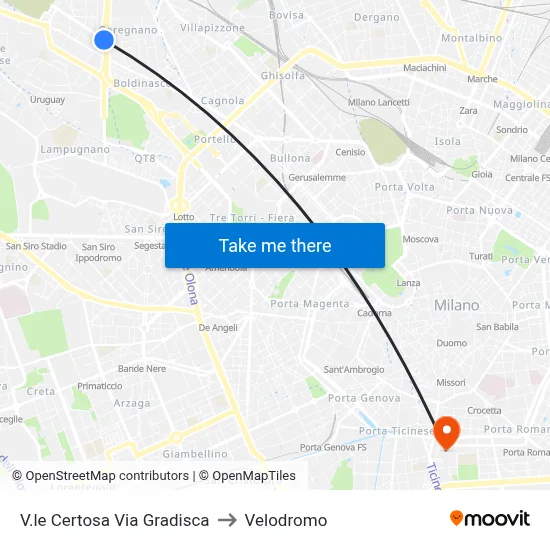 Certosa Avenue Gradisca Street to Velodrome map