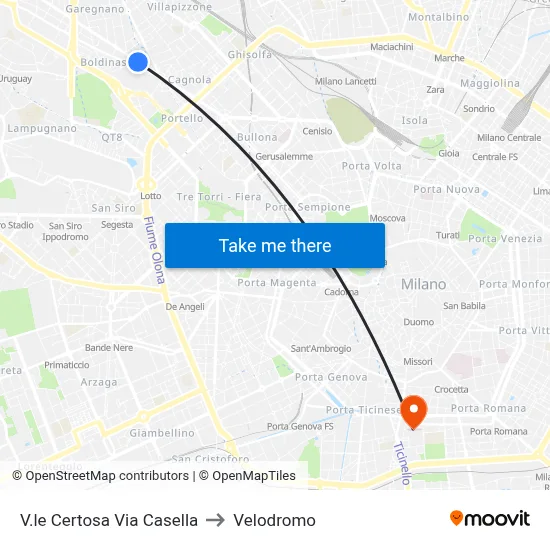Certosa Avenue Casella Street to Velodrome map