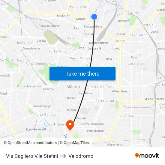 Via Cagliero Stefini Avenue to Velodrome map