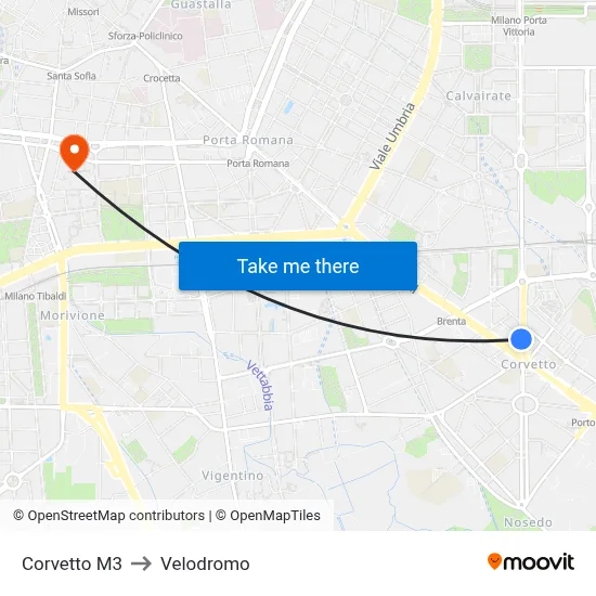 Corvetto M3 to Velodrome map