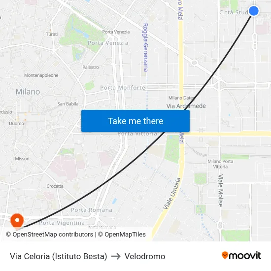 Via Celoria (Besta Institute) to Velodrome map