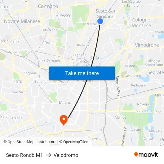 Sesto Rondò M1 to Velodrome map