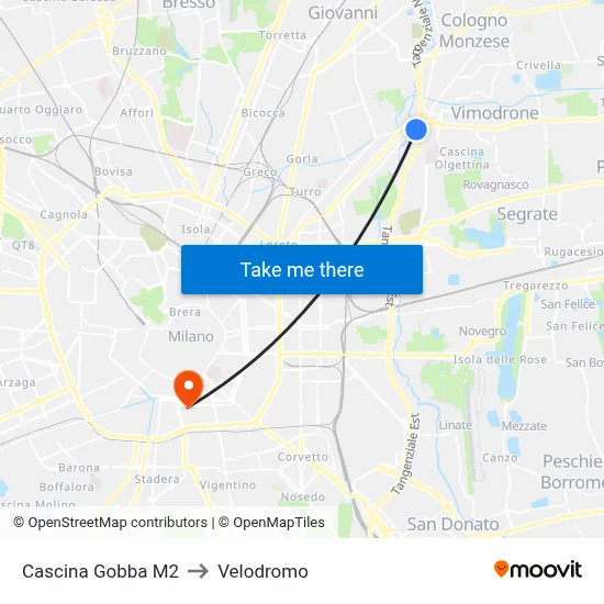 Cascina Gobba M2 to Velodrome map