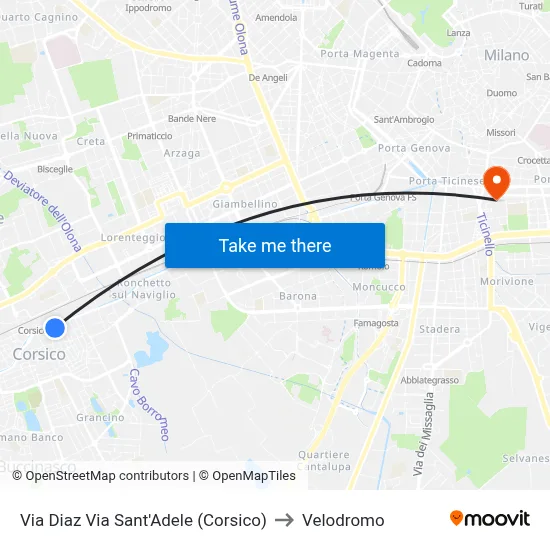Diaz Street Sant'Adele Street (Corsico) to Velodrome map
