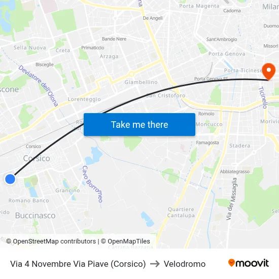 November 4th Street Via Piave (Corsico) to Velodrome map