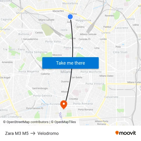 Zara M3 M5 to Velodrome map