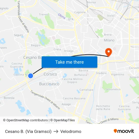 Cesano B. (Gramsci Street) to Velodrome map