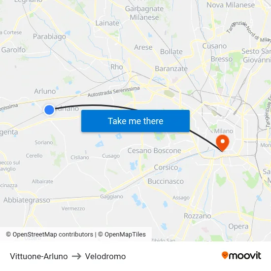 Vittuone-Arluno to Velodrome map