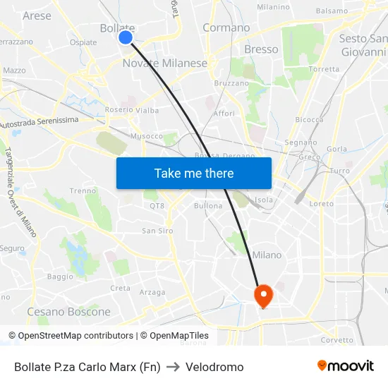 Bollate Carlo Marx Square (FN) to Velodrome map