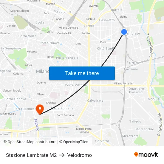 Lambrate Station M2 to Velodrome map