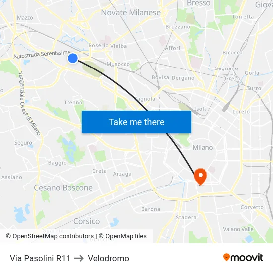 Via Pasolini R11 to Velodrome map