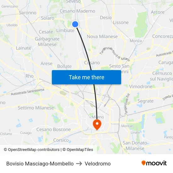 Bovisio Masciago-Mombello to Velodrome map