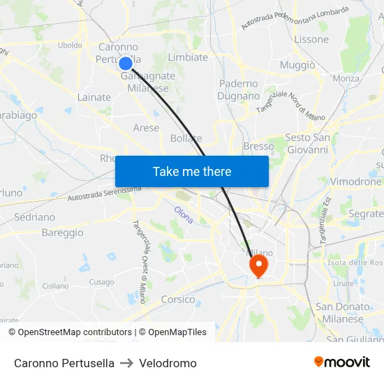 Caronno Pertusella to Velodrome map