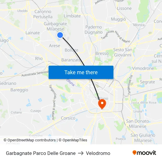 Garbagnate Groane Park to Velodrome map