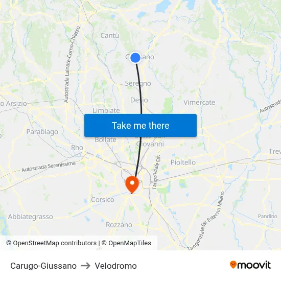 Carugo-Giussano to Velodrome map