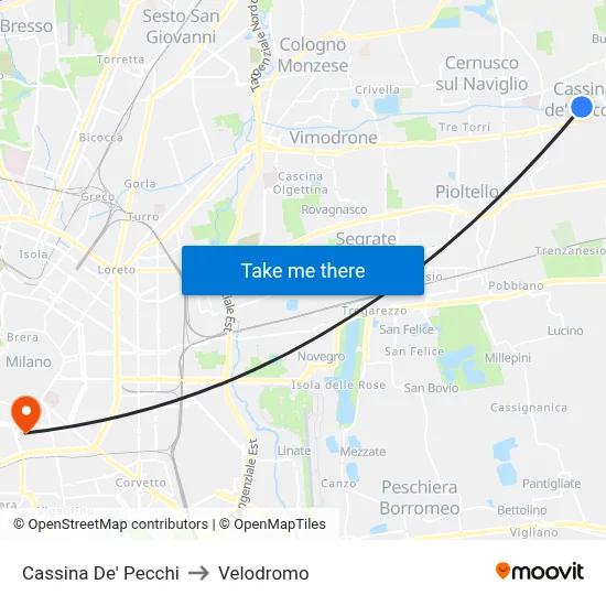 Cassina De' Pecchi to Velodrome map