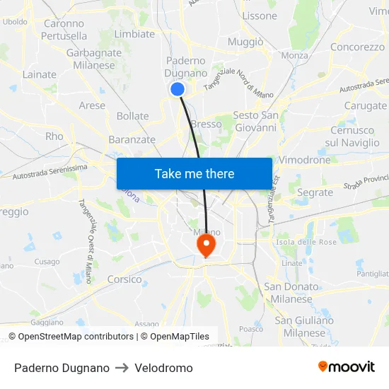 Paderno Dugnano to Velodrome map