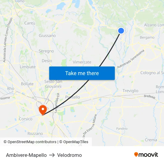 Ambivere-Mapello to Velodrome map