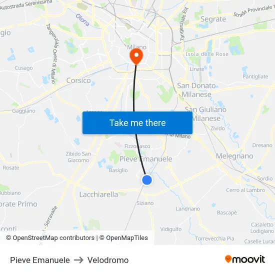 Pieve Emanuele to Velodrome map