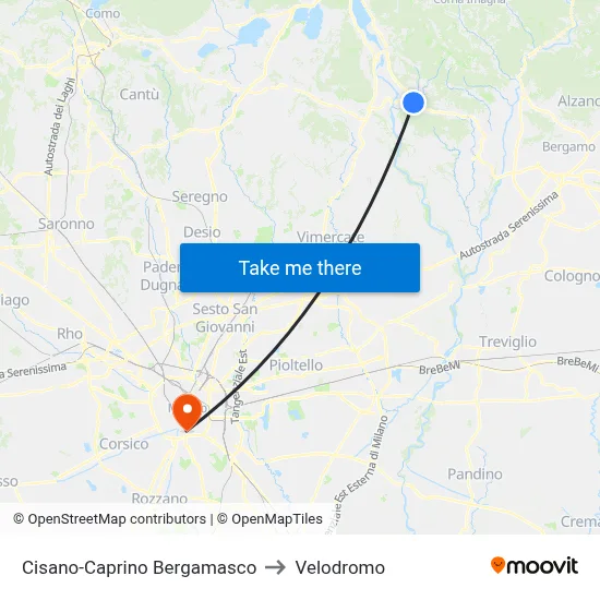 Cisano-Caprino Bergamasco to Velodrome map