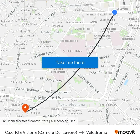 Porta Vittoria Course (Chamber of Labor) to Velodrome map