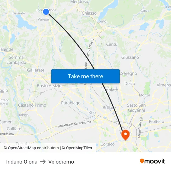 Induno Olona to Velodrome map