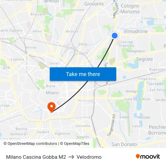 Milano Cascina Gobba M2 to Velodrome map
