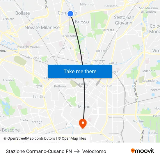 Cormano-Cusano FN Station to Velodrome map
