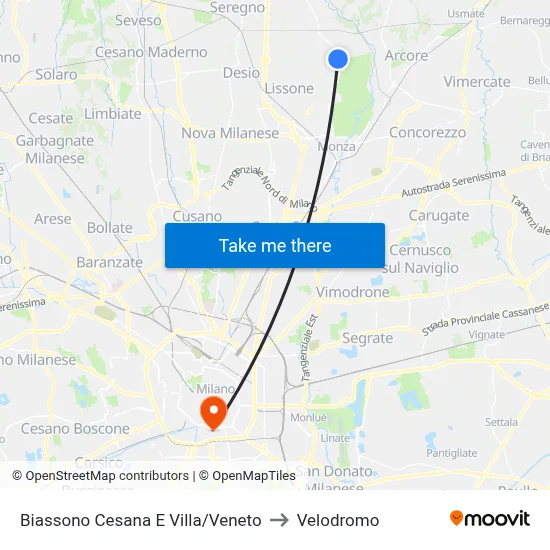 Biassono Cesana And Villa/Veneto to Velodrome map