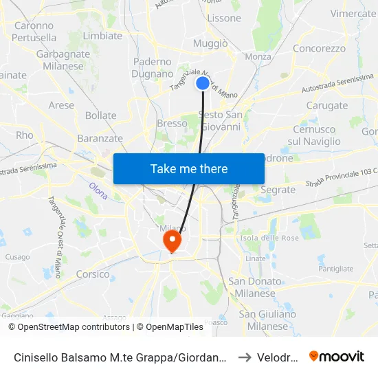 Cinisello Balsamo Monte Grappa/Giordano (Cemetery) to Velodrome map