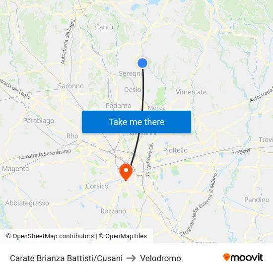 Carate Brianza Battisti/Cusani to Velodrome map
