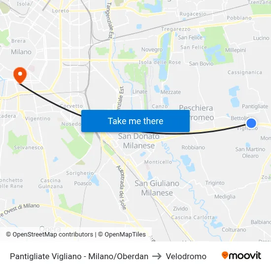 Pantigliate Vigliano - Milano/Oberdan to Velodrome map