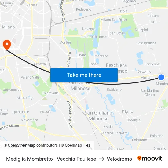 Mediglia Mombretto - Old Paullese to Velodrome map