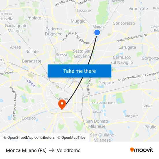 Monza Milan (Railway Station) to Velodrome map