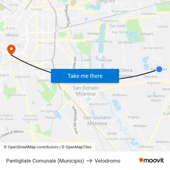 Pantigliate Municipal (City Hall) to Velodrome map