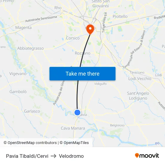 Pavia Tibaldi/Cervi to Velodrome map