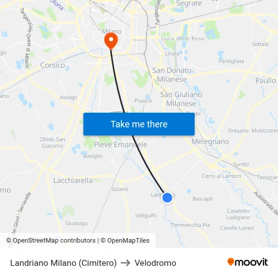 Landriano Milan (Cemetery) to Velodrome map
