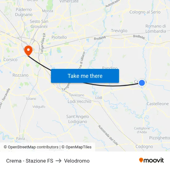 Crema - Railway Station to Velodrome map