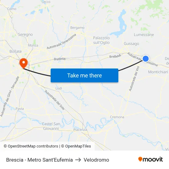 Brescia - Sant'Eufemia Metro to Velodrome map