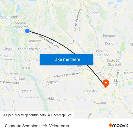 Casorate Sempione to Velodrome map