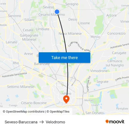 Seveso-Baruccana to Velodrome map