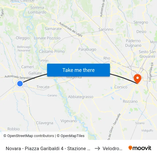 Novara - Garibaldi Square 4 - RFI Station to Velodrome map