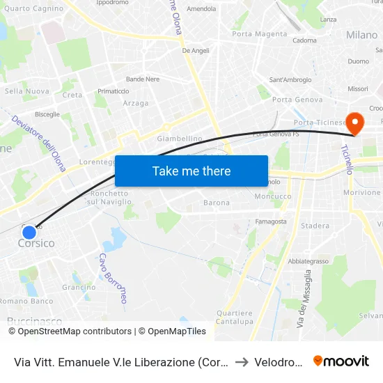Vittorio Emanuele Street Liberation Avenue (Corsico) to Velodrome map