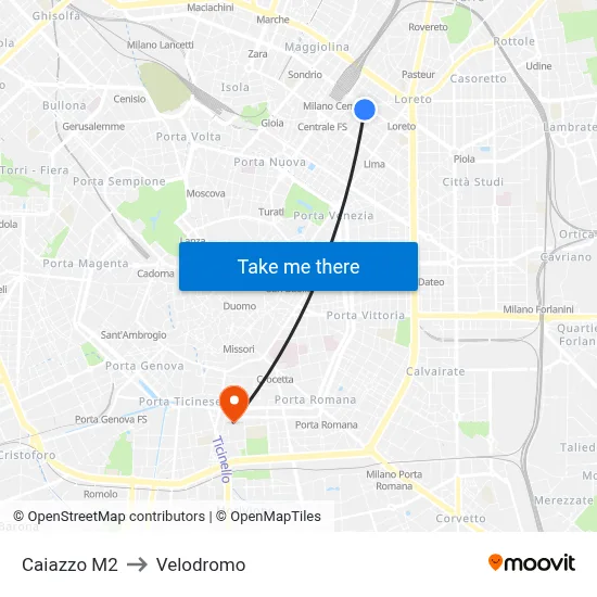 Caiazzo M2 to Velodrome map
