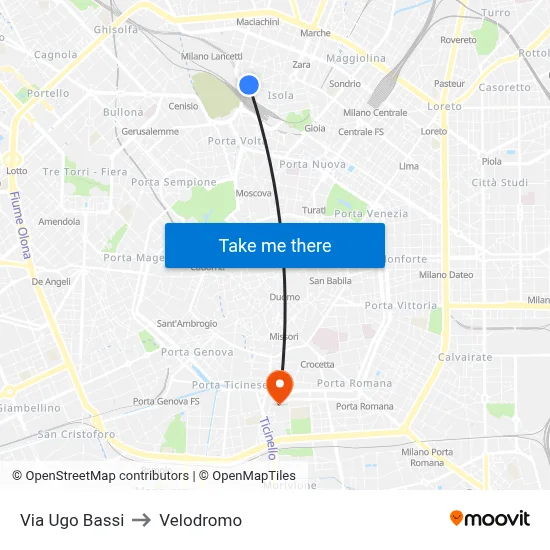 Ugo Bassi Street to Velodrome map