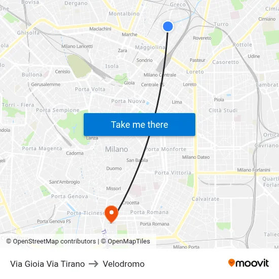 Via Gioia Via Tirano to Velodrome map