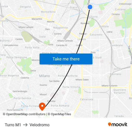 Turro M1 to Velodrome map